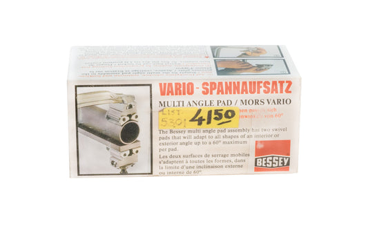 The Bessey Multi-Angle Pad assembly has two swivel pads that will adapt to all shapes of an interior or exterior angle up to a 60° maximum per pad. Fits Bessey GZ, SGM, & TG malleable cast iron clamps. Made in Germany. Bessey Multi-Angle Pads - Pair. Swivel base can be locked. Sold as 2 in pack.  "Vario-Spannaufsatz"