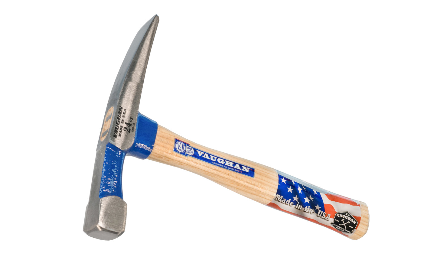 This 24 oz Vaughan Bricklayer's Hammer has a square, flat face with beveled edges. 11" American Hickory handle. Brick hammer has a rust-resistant powder coat finish.   Made in USA. Model BL24. 051218178104