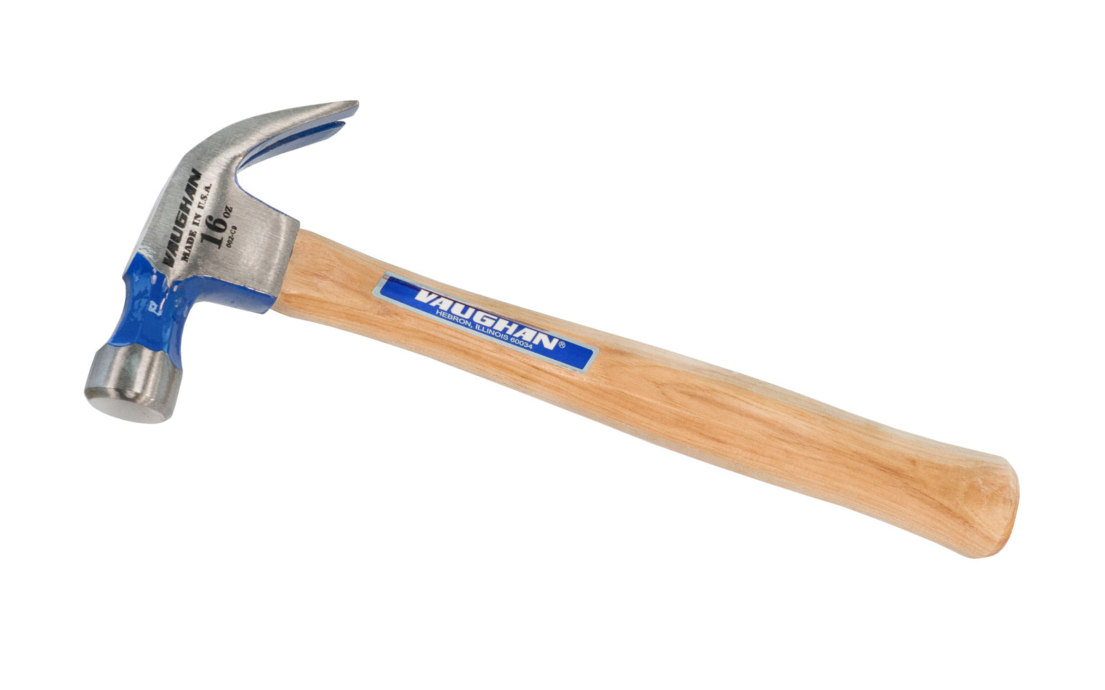Vaughan Model DO16 - This 16 oz Vaughan smooth face claw hammer has a polished striking head, sides & claw. Octagon neck & round smooth face, & the hammer is triple wedged for "Sure-Lock" handle tightness. Hickory hardwood handle. Smooth Face. Rust-resistant powder coat finish.  Made in USA. 051218114034. Model DO16