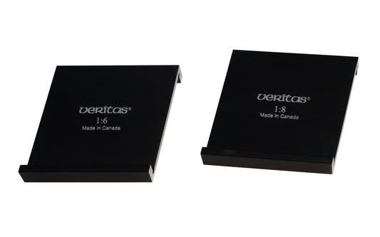 Veritas Dovetail Markers mark dovetails quickly & accurately. 1:8 for hardwood / 1:6 for softwood. Made from anodized aluminum. Two pieces in set. Model 05N10.11.  Made in Canada. 722356017302