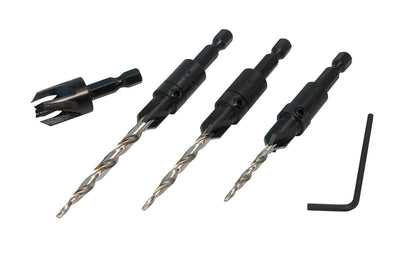 WL Fuller 3-piece countersink set with 3/8" plug cutter. Model 10349003C ~ With matching quick change HSS taper point drills for #6, #8, & #10 screws. Countersink is made of carbon steel & heat-treated for long life ~ Countersink & counterbore the heads of screws ~ Use in all woods & plastics - 82° cutting angle head