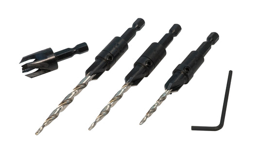 WL Fuller 3-piece countersink set with 3/8" plug cutter. Model 10349003C ~ With matching quick change HSS taper point drills for #6, #8, & #10 screws. Countersink is made of carbon steel & heat-treated for long life ~ Countersink & counterbore the heads of screws ~ Use in all woods & plastics - 82° cutting angle head