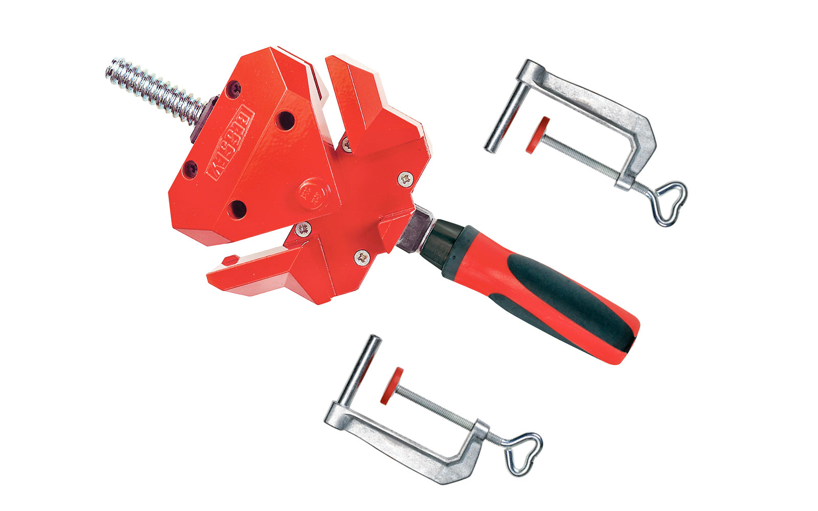 A versatile angle clamp made by Bessey, it holds & aligns material at 90° angles & even adjust automatically to wood thickness. Good for T-joints & miters, & for clearance of dowels, screw or staples while gluing - Includes two TK-6 Table mount clamps - Model WS-3+2K - Die cast jaw - Galvanized spindle, acme thread - 91162001547