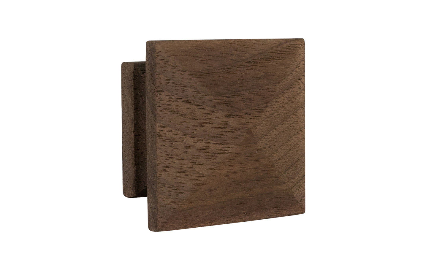 A classic wood pyramid cabinet knob of solid Walnut material. This good-looking wooden knob has a slight pyramid design & square edges. Designed in the Mission-style / Arts & Crafts, Craftsman style of hardware. Unfinished solid oak wood. May be stained, painted, or varnished. 1-1/4" x 1-1/4" size.
