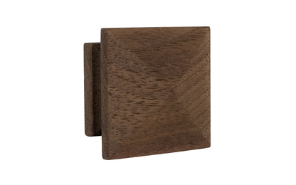 A classic wood pyramid cabinet knob of solid Walnut material. This good-looking wooden knob has a slight pyramid design & square edges. Designed in the Mission-style / Arts & Crafts, Craftsman style of hardware. Unfinished solid oak wood. May be stained, painted, or varnished. 1-1/4" x 1-1/4" size.