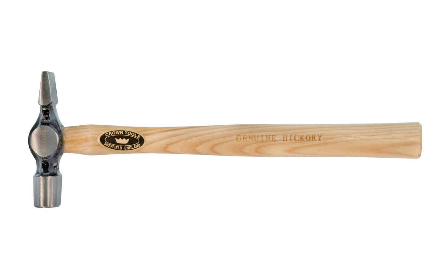 Crown Tools 9 oz Warrington Hammer. Forged head with a lacquered Hickory handle. 11-1/4" overall length. Model 552. Made in Sheffield, England.