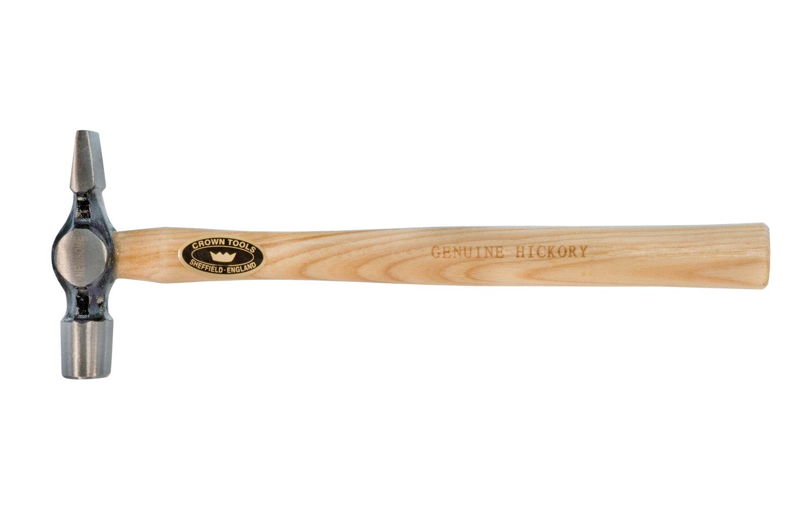 Crown Tools 9 oz Warrington Hammer. Forged head with a lacquered Hickory handle. 11-1/4" overall length. Model 552. Made in Sheffield, England.
