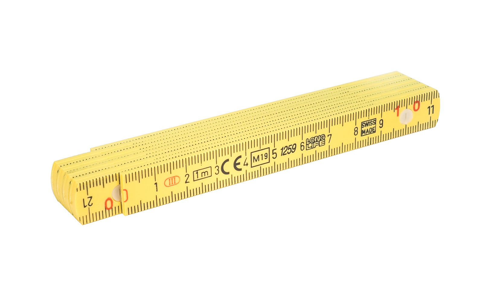 Wiha Model 61601. Made in Switzerland - This inch & metric folding rule is molded with 30% Fiberglass Material. It is Chemical, Water & Scratch Resistant, & won't rust or kink. It is Impact Resistant, yet tough with flexible play when using. Precision Joints & 90º stops. Embossed scale on both sides. Pocket Sized Rule