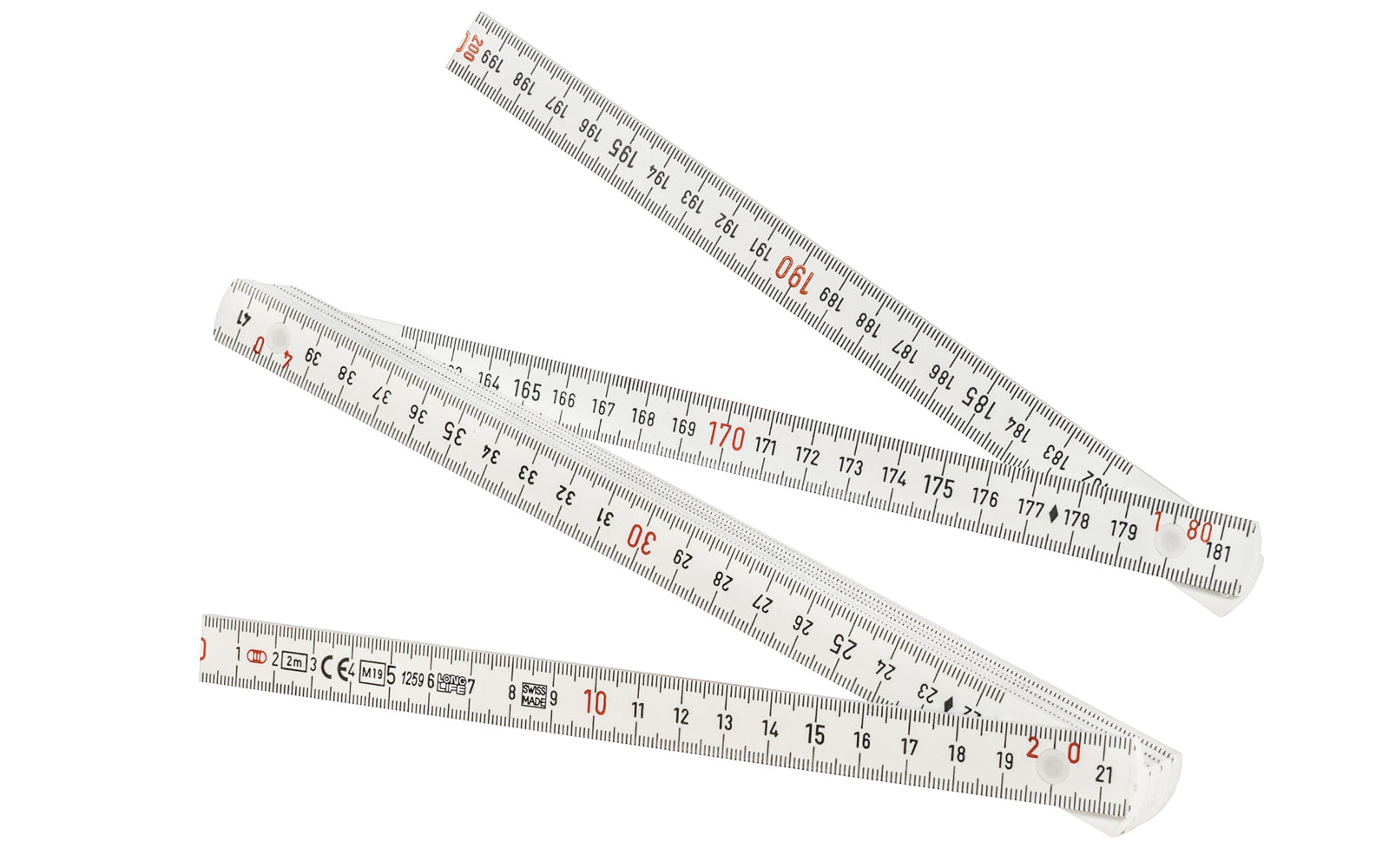 Made in Switzerland - This metric folding rule made by Wiha is made of Fiberglass Material. Chemical, Water & Scratch Resistant, & won't rust or kink. Impact Resistant. Tough with flexible play when using. Precision Joints & 90º stops. Embossed scale on both sides. Metric Rulers Marked red at 10cm. 2 Meter. Model 61602