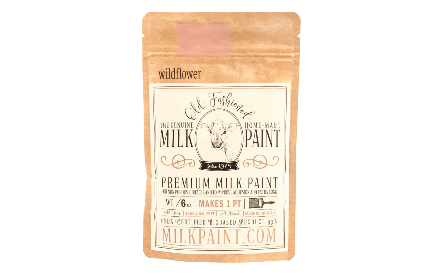 This Milk Paint color is "Wildflower" - Soft dusty rose pink. Comes in a powder form, you can control how thick/thin you mix the paint. Use it as you would regular paint, thinner for a wash/stain or thicker to create texture. Environmentally safe, non-toxic & is food safe. 100% VOC free. Powder Paint. Made in USA