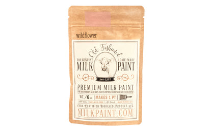 This Milk Paint color is "Wildflower" - Soft dusty rose pink. Comes in a powder form, you can control how thick/thin you mix the paint. Use it as you would regular paint, thinner for a wash/stain or thicker to create texture. Environmentally safe, non-toxic & is food safe. 100% VOC free. Powder Paint. Made in USA