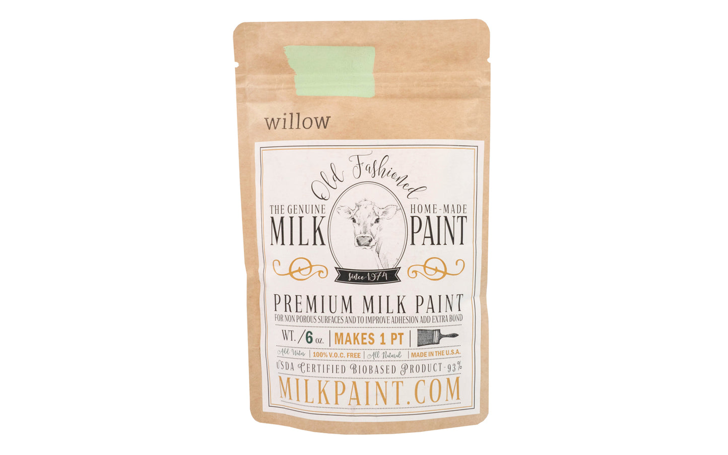 This Milk Paint color is "Willow" color - Light summer green. Comes in a powder form, you can control how thick/thin you mix the paint. Use it as you would regular paint, thinner for a wash/stain or thicker to create texture. Environmentally safe, non-toxic & is food safe. 100% VOC free. Powder Paint. Made in USA