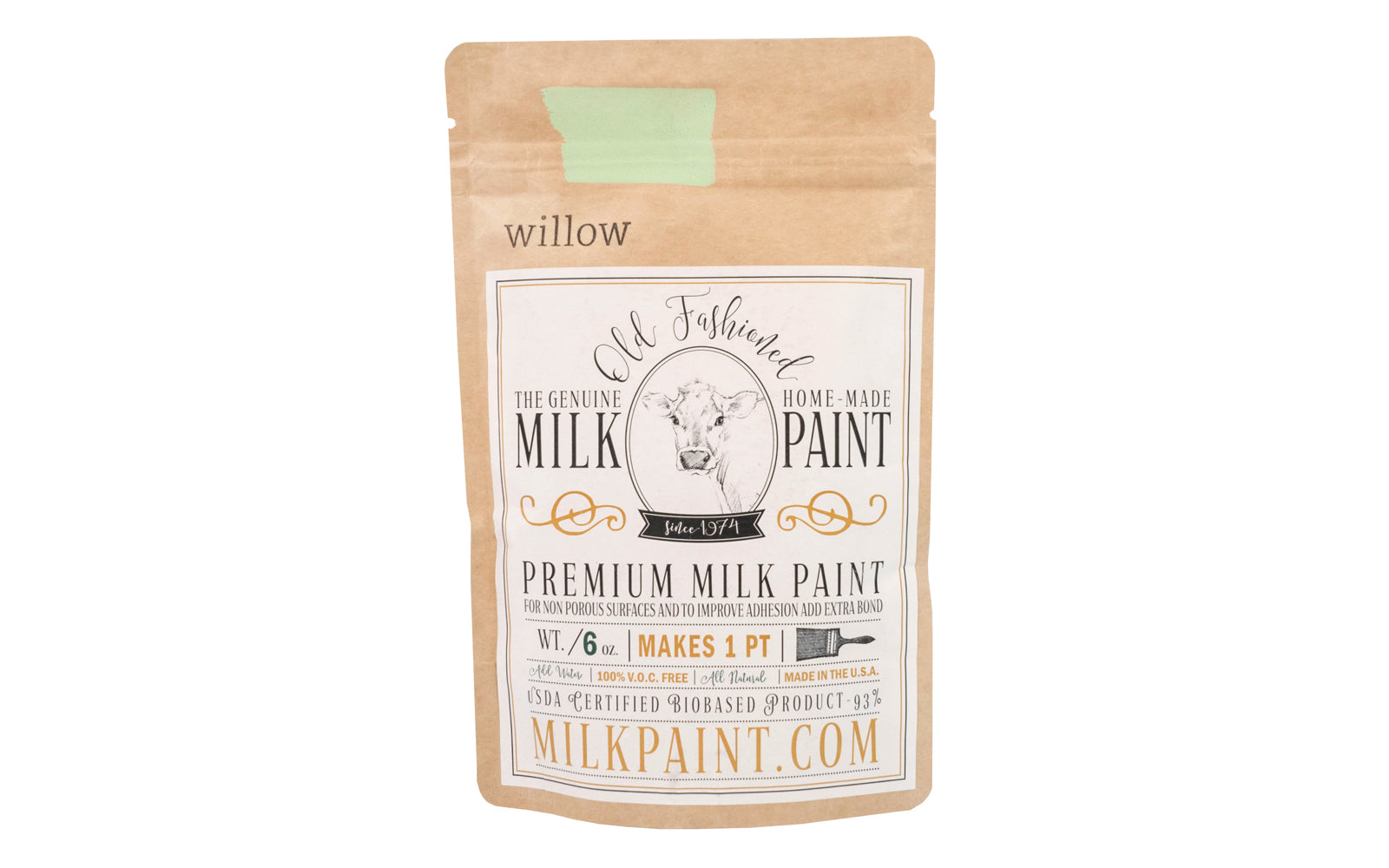 This Milk Paint color is "Willow" color - Light summer green. Comes in a powder form, you can control how thick/thin you mix the paint. Use it as you would regular paint, thinner for a wash/stain or thicker to create texture. Environmentally safe, non-toxic & is food safe. 100% VOC free. Powder Paint. Made in USA
