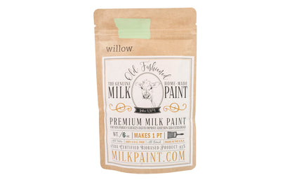 This Milk Paint color is "Willow" color - Light summer green. Comes in a powder form, you can control how thick/thin you mix the paint. Use it as you would regular paint, thinner for a wash/stain or thicker to create texture. Environmentally safe, non-toxic & is food safe. 100% VOC free. Powder Paint. Made in USA