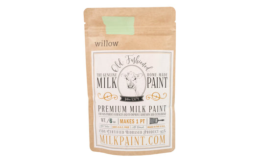This Milk Paint color is "Willow" color - Light summer green. Comes in a powder form, you can control how thick/thin you mix the paint. Use it as you would regular paint, thinner for a wash/stain or thicker to create texture. Environmentally safe, non-toxic & is food safe. 100% VOC free. Powder Paint. Made in USA
