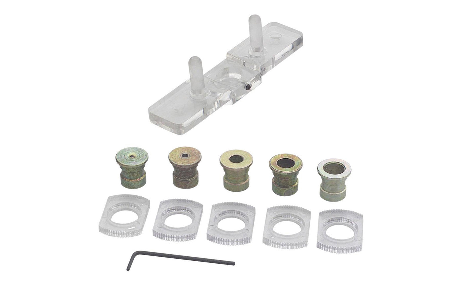 Drill the center of stock up to 1-3/8" thick with this automatic Centering Jig. Simply insert the appropriate size bushing in the jig, straddle stock with two guide pegs, twist the jig so both pegs make contact with the sides of the stock and drill the hole. Includes 1/32", 1/16, 1/4", 5/16" and 3/8" drill bushings.