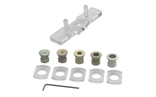 Drill the center of stock up to 1-3/8" thick with this automatic Centering Jig. Simply insert the appropriate size bushing in the jig, straddle stock with two guide pegs, twist the jig so both pegs make contact with the sides of the stock and drill the hole. Includes 1/32", 1/16, 1/4", 5/16" and 3/8" drill bushings.