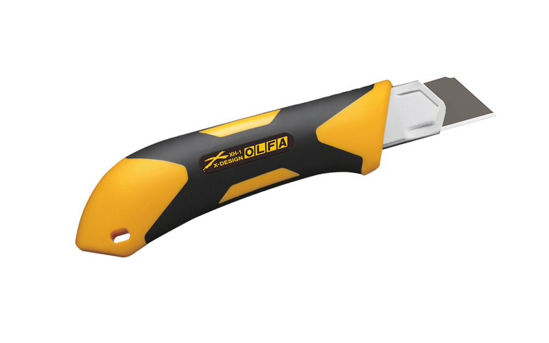 Olfa "XH-1" Utility Knife 25 mm Blade is an Extra Heavy Duty snap-off knife. Stainless blade channel. Includes Olfa's ultra-sharp black blade - Premium carbon tool steel black HBB blade - 25% sharper than LB silver blade. 091511600858. 25 mm (1") wide blade. Fiberglass & rubber handle. Olfa Model XH-1. Made in Japan