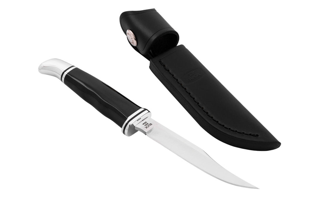 Buck Knives 102 Woodsman Knife & Sheath - Fixed Blade with Black Handle has a 4" blade made of 420HC stainless steel with finger guard. Blade made of 420HC Stainless Steel - Satin finish. Handsome Phenolic, black handle. Includes a genuine black leather sheath. Fixed blade - Full tang. Model 0102BKS-B. 033753026287