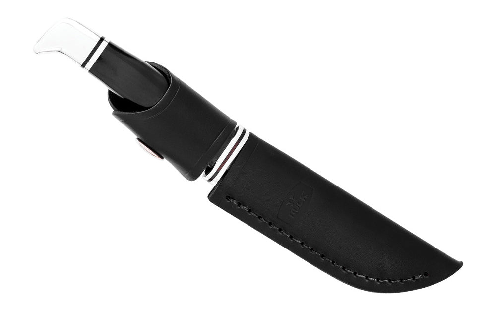 Buck Knives 102 Woodsman Knife & Sheath - Fixed Blade with Black Handle has a 4" blade made of 420HC stainless steel with finger guard. Blade made of 420HC Stainless Steel - Satin finish. Handsome Phenolic, black handle. Includes a genuine black leather sheath. Fixed blade - Full tang. Model 0102BKS-B. 033753026287