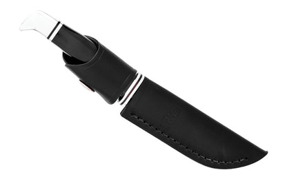 Buck Knives 102 Woodsman Knife & Sheath - Fixed Blade with Black Handle has a 4" blade made of 420HC stainless steel with finger guard. Blade made of 420HC Stainless Steel - Satin finish. Handsome Phenolic, black handle. Includes a genuine black leather sheath. Fixed blade - Full tang. Model 0102BKS-B. 033753026287