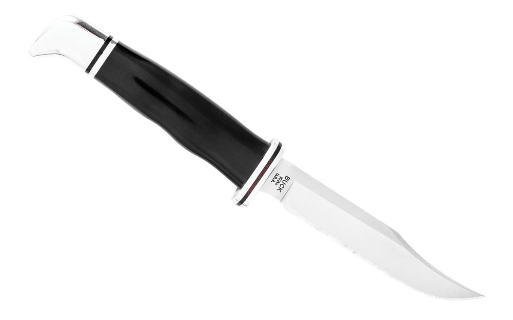 Buck Knives 102 Woodsman Knife & Sheath - Fixed Blade with Black Handle has a 4" blade made of 420HC stainless steel with finger guard. Blade made of 420HC Stainless Steel - Satin finish. Handsome Phenolic, black handle. Includes a genuine black leather sheath. Fixed blade - Full tang. Model 0102BKS-B. 033753026287
