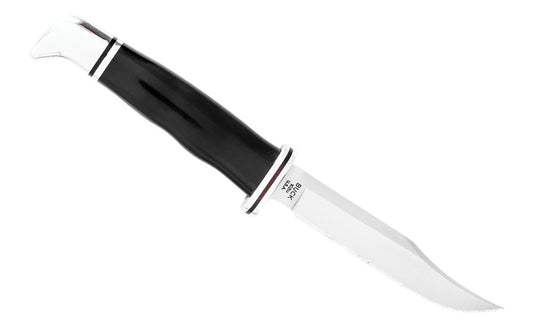 Buck Knives 102 Woodsman Knife & Sheath - Fixed Blade with Black Handle has a 4" blade made of 420HC stainless steel with finger guard. Blade made of 420HC Stainless Steel - Satin finish. Handsome Phenolic, black handle. Includes a genuine black leather sheath. Fixed blade - Full tang. Model 0102BKS-B. 033753026287