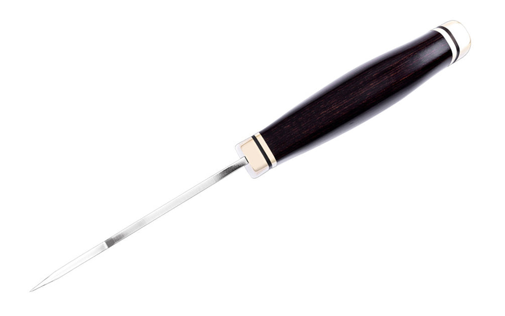 Buck Knives Zipper Knife & Sheath - Fixed Blade with Walnut Dymalux Handle - Model No. 0191BRG-B ~ Made in USA ~ Made in Idaho ~ Blade made of 420HC Stainless Steel - Satin finish ~ 4-1/8" long blade ~ Blade made of 420HC Stainless Steel - Satin finish ~ Fixed blade - Full tang ~ Brass bolsters & guard ~ Handsome Walnut Dymalux Handle ~ Includes a genuine brown leather sheath