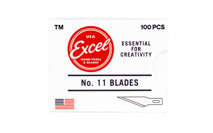 Excel #11 Knife Blades - 100 Pack. Made of sharp high carbon steel. Designed for use with K1,  K3,  K17,  K18,  K26,  K30,  K71 Excel Knives. Made by Excel Blades.  Made in USA. Excel Model 22511. 098171225117