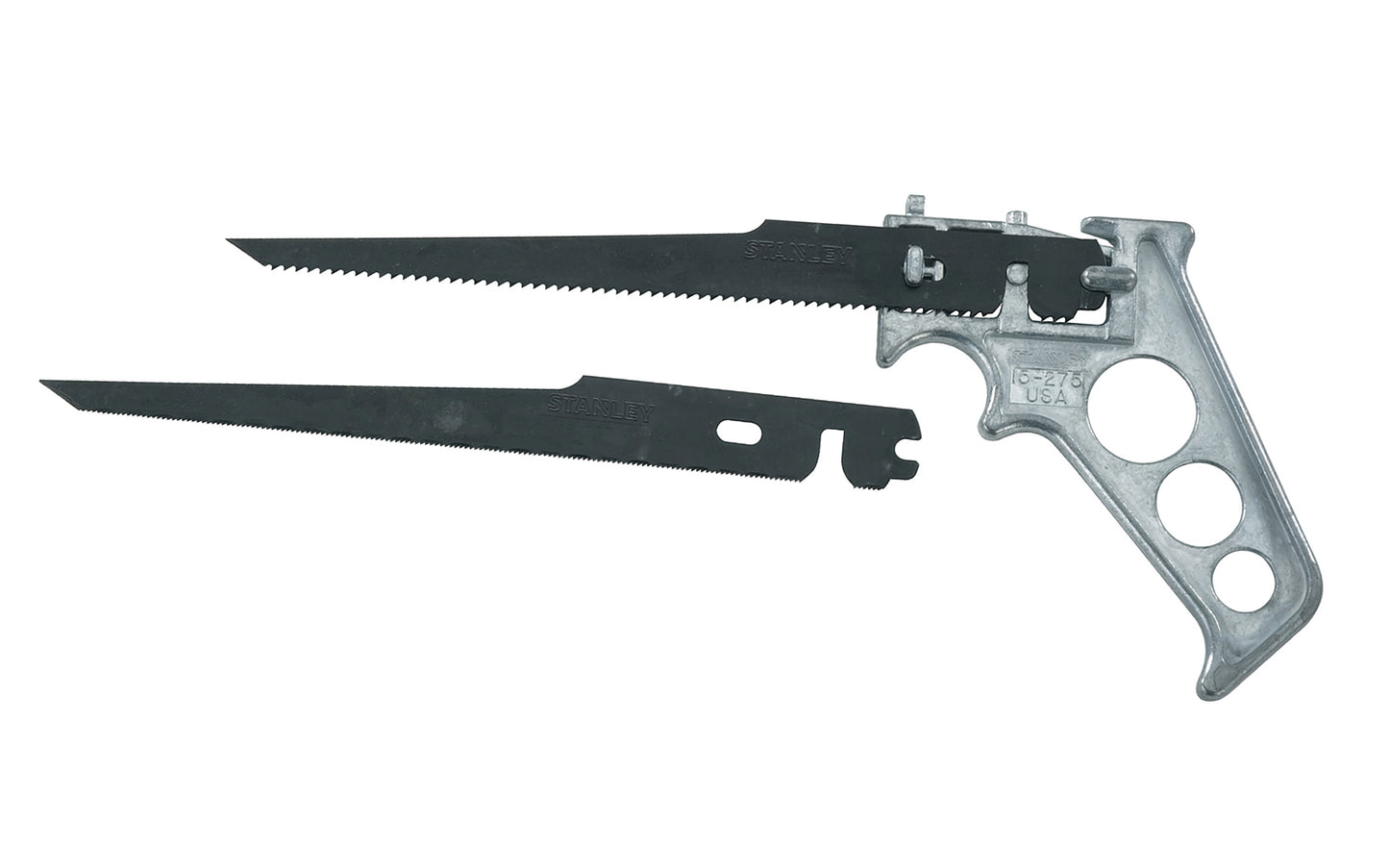 Stanley 4-Way Keyhole Saw ~ 15-275 - 4-way­ blade positioning cuts curves, circles, & frets into places where ordinary hacksaws cannot reach - Cuts wood, nails, composition board, BX cable, conduit, & more - Lightweight, pistol grip handle - Made in USA