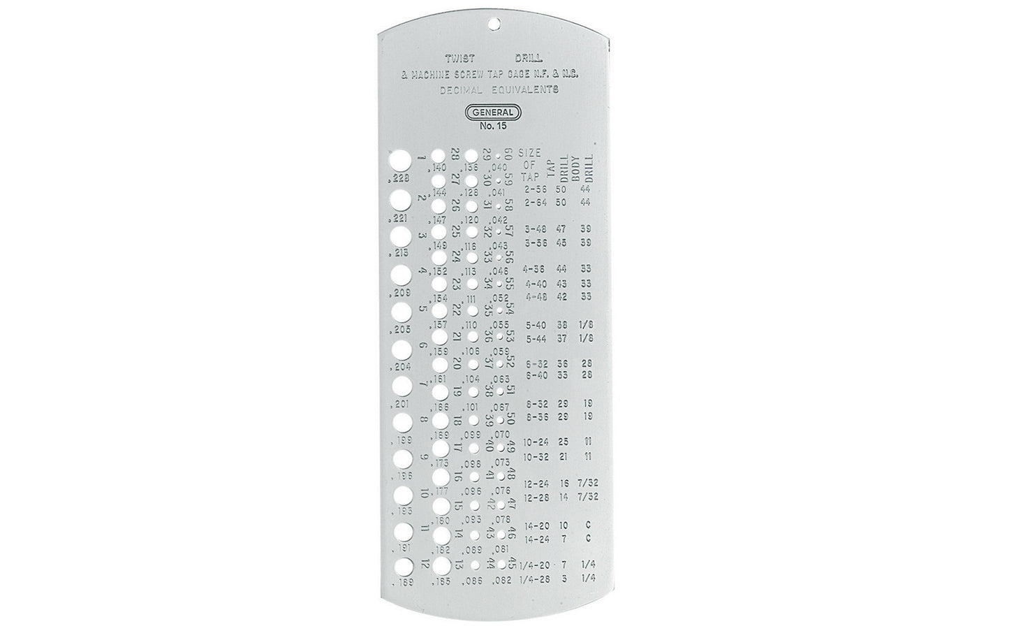 General Tools Drill Gage ~ For No. 1 to No. 60 Drill Bits - Model No. 15 ~ Measures numbered drill bits: No. 1 to 60  ~ Made of heat-treated heavy gage steel, machined & ground to close tolerances - Hole sizes & decimal equivalents are permanently marked on face
