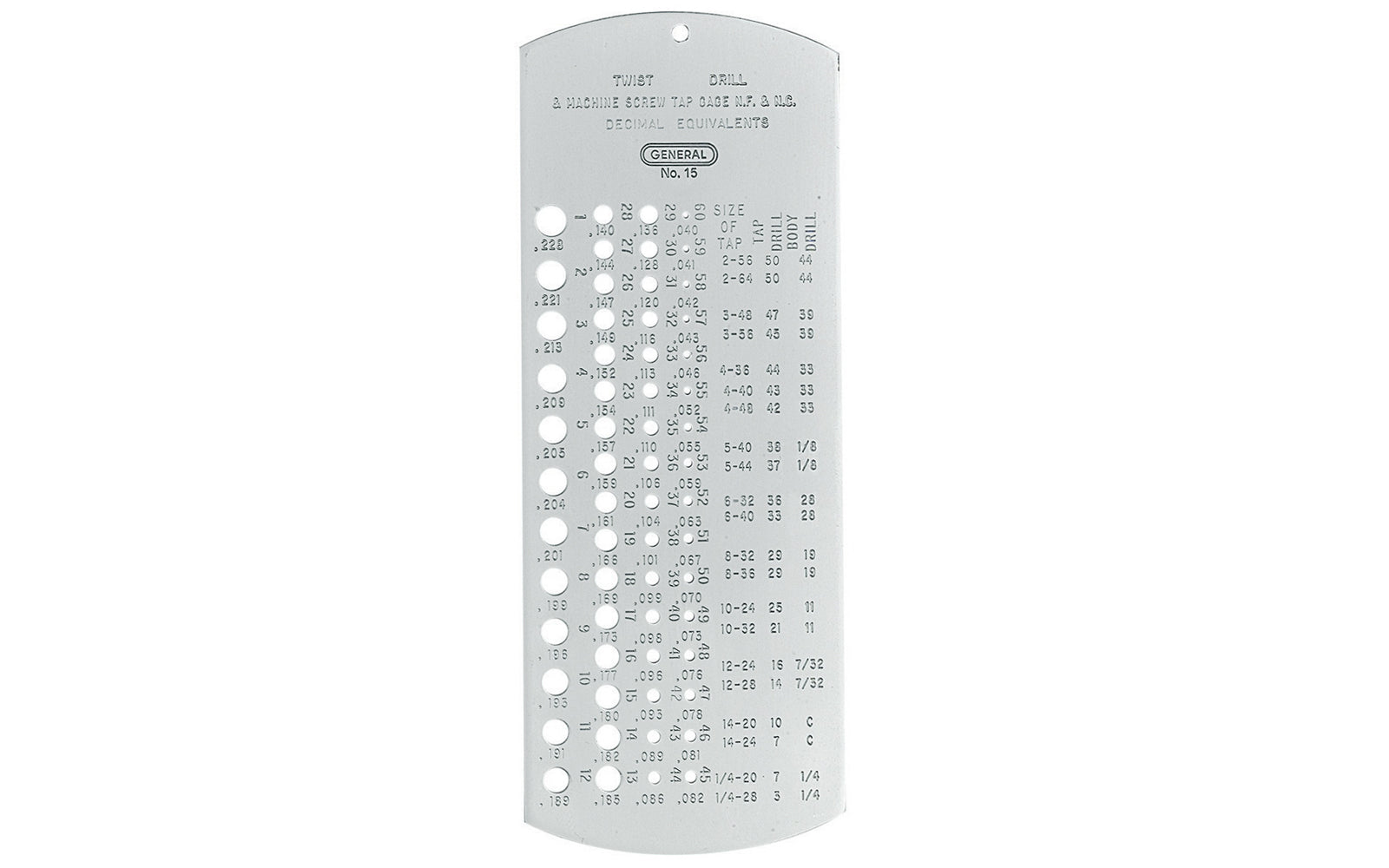 General Tools Drill Gage ~ For No. 1 to No. 60 Drill Bits - Model No. 15 ~ Measures numbered drill bits: No. 1 to 60  ~ Made of heat-treated heavy gage steel, machined & ground to close tolerances - Hole sizes & decimal equivalents are permanently marked on face
