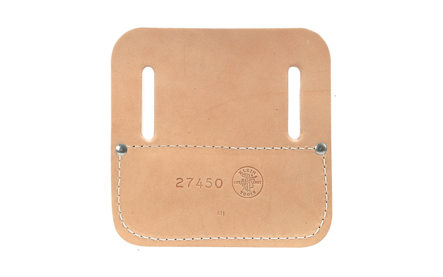 Klein Tools - Made in USA ~ Model 27450 - Worn on the belt under the Klein tie-wire reel - Made of 3/16" (5 mm) thick rigging leather - Slots to accommodate belts up to 2" (51 mm) wide - Underside has a sponge-rubber pad to minimize hip fatigue - 7" x 7" - 092644481956 - Tie-Wire Pad - Klein Pad - minimize hip fatigue