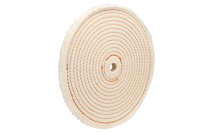 The 8" Spiral Sewn Buffing Wheel ~ 1/2" Thick for aggressive cutting & coarse buffing. 5/8" hole diameter. 1/2" wide thickness. This spiral sewn wheel is designed for prolong service. Good for coarse cutting & buffing, & flexible grinding. Stiffer cotton sheeting - Held together lockstitch sewing. Dico Polishing Company 528-40-8. Made in USA.