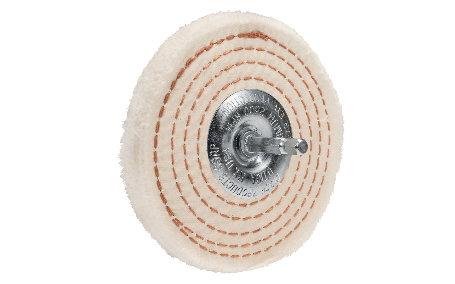 The 4" Spiral Sewn Buffing Wheel With 1/4" Mandrel ~ 1/2" Thick is a workhorse for aggressive cutting & coarse buffing. 4" diameter of wheel. Dico 527-40-4M. Made in USA.