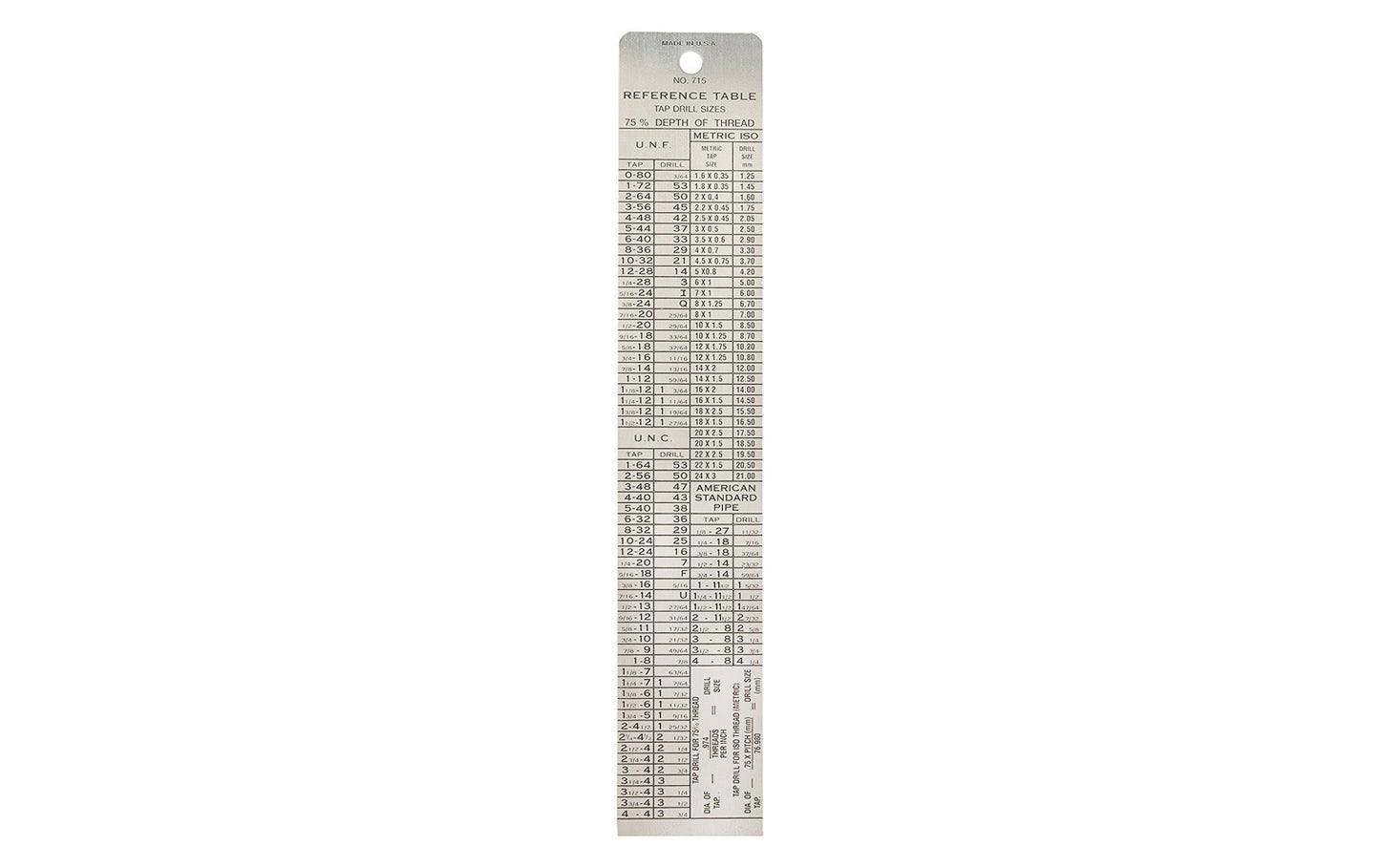 General Tools 6" Stainless Tap & Drill Reference - Model No. 715 ~ Double-sided guide features a Tap Drill Depth Chart, decimal conversions from 1/64" to 63/64" & a ruler graduated in 64ths - The Tap Drill Reference Table works with National Fine, National Course, American Standard Pipe and Metric threads ~ Made in USA ~ 038728350152