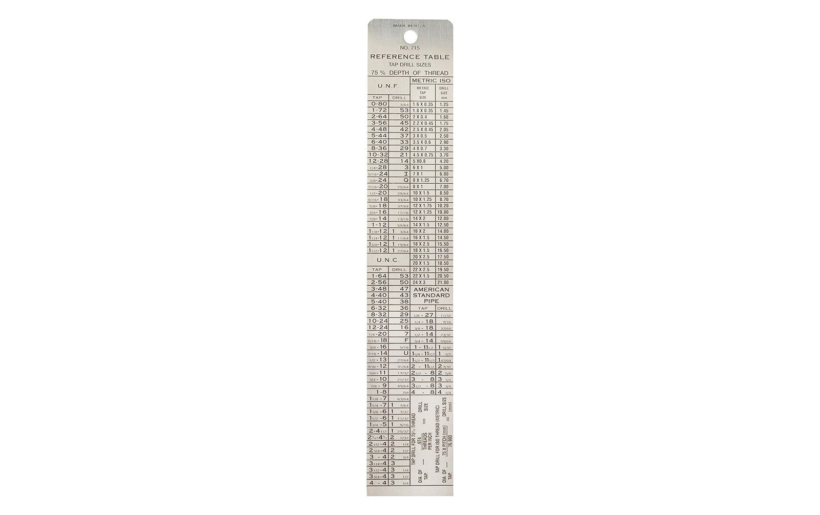 General Tools 6" Stainless Tap & Drill Reference - Model No. 715 ~ Double-sided guide features a Tap Drill Depth Chart, decimal conversions from 1/64" to 63/64" & a ruler graduated in 64ths - The Tap Drill Reference Table works with National Fine, National Course, American Standard Pipe and Metric threads ~ Made in USA ~ 038728350152