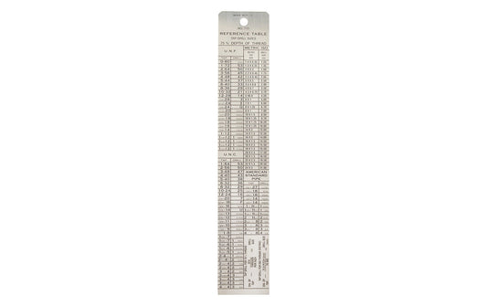 General Tools 6" Stainless Tap & Drill Reference - Model No. 715 ~ Double-sided guide features a Tap Drill Depth Chart, decimal conversions from 1/64" to 63/64" & a ruler graduated in 64ths - The Tap Drill Reference Table works with National Fine, National Course, American Standard Pipe and Metric threads ~ Made in USA ~ 038728350152