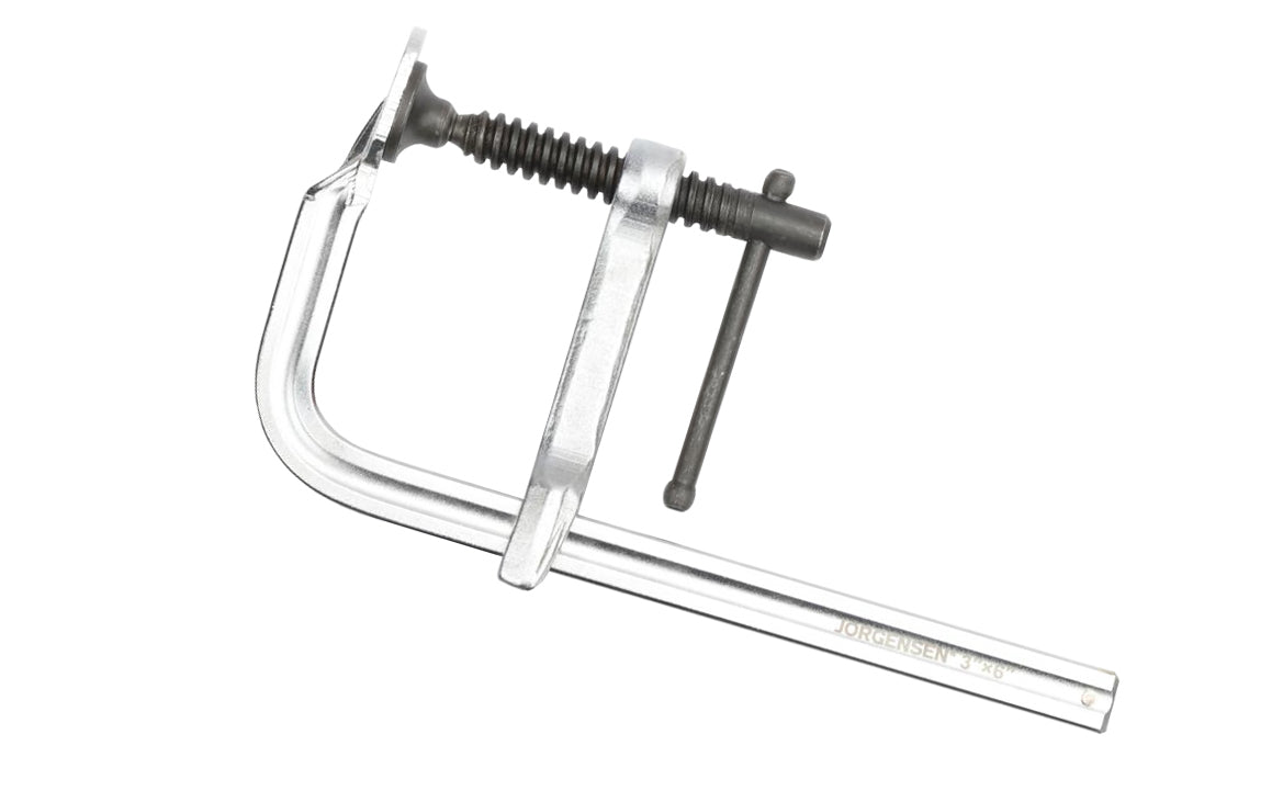 Jorgensen 6" x 3" Drop-Forged Bar Clamp - No. 75306 ~ 6" max opening - 3" throat depth - 450 lbs. clamping pressure - The drop-forged steel bar is chrome plated to ward off rust longer, & a heat-treated acme screw