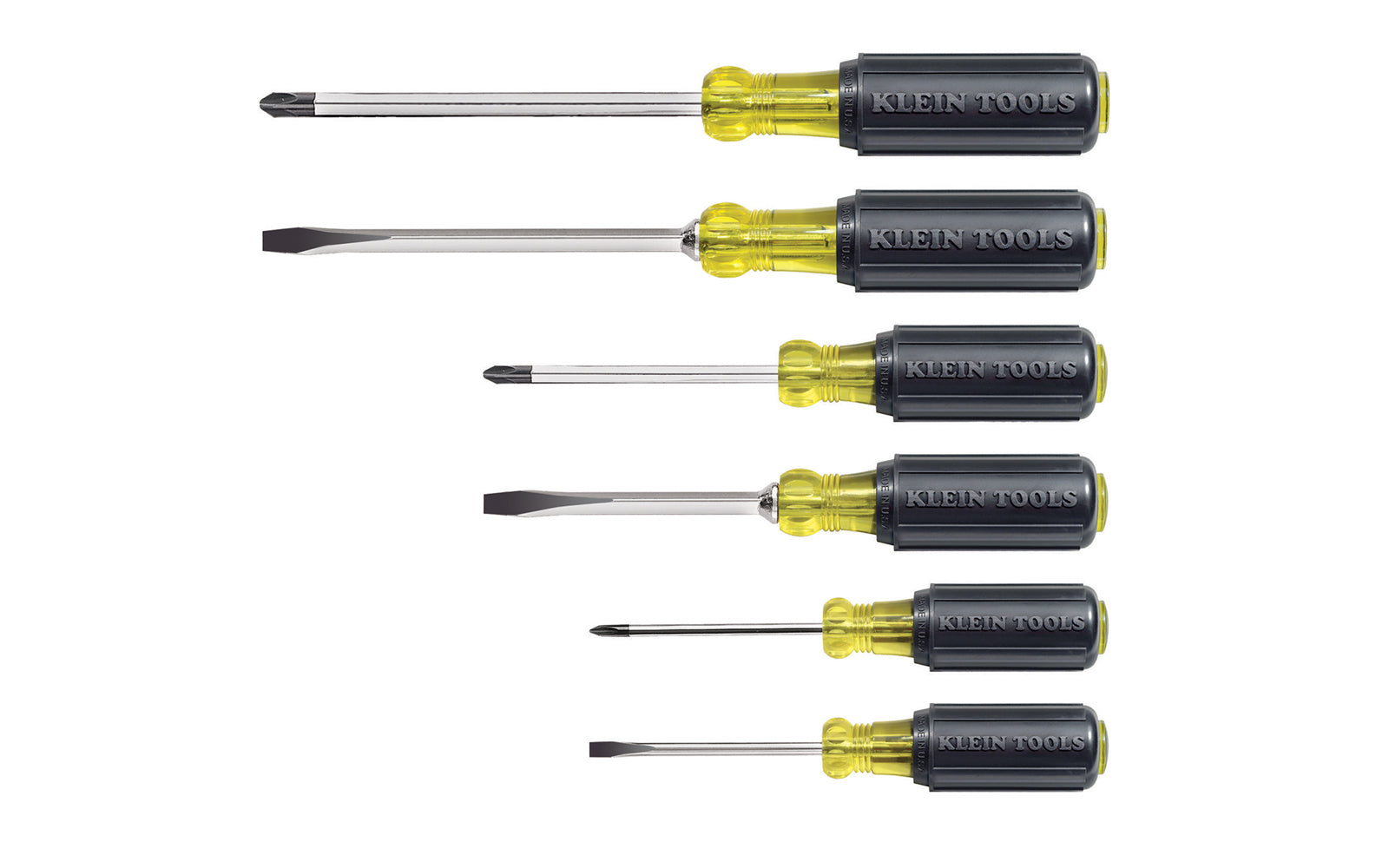 Klein Tools Model 85074 - 6-piece screwdriver set ~ Six piece set ~ No. 1  Phillips - No. 2  Phillips - No. 3  Phillips - 3/16" Slotted - 1/4" Slotted - 5/16" Slotted - chrome-plated shafts for corrosion resistance - Cushion-Grip handles provide greater torque & comfort - 092644850745 - Klein Phillips & Slotted Set 