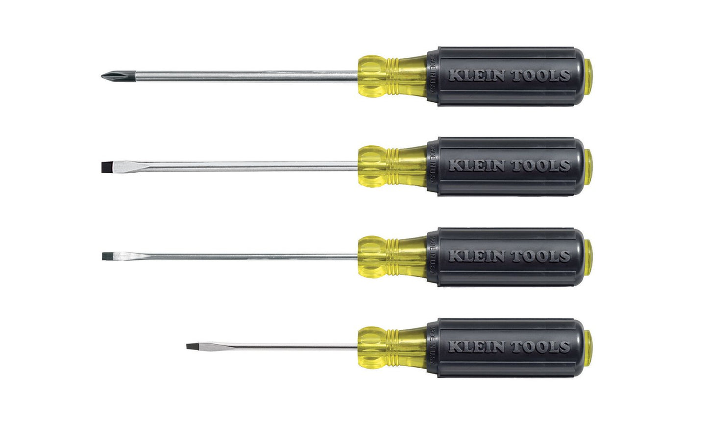 Klein Tools Model 85484 - 4-piece screwdriver set ~ Four piece screwdriver set ~ No. 1 Phillips - 3" long blade - 1/16" Slotted - 2" long blade - 3/32" Slotted - 3" long blade - 1/8" Slotted - 3" long blade - Mini Cushion-Grip handles - Chrome-plated shafts for corrosion resistance - 092644854842 - Precision Tip - Klein Tools Four Piece Set - Made in USA