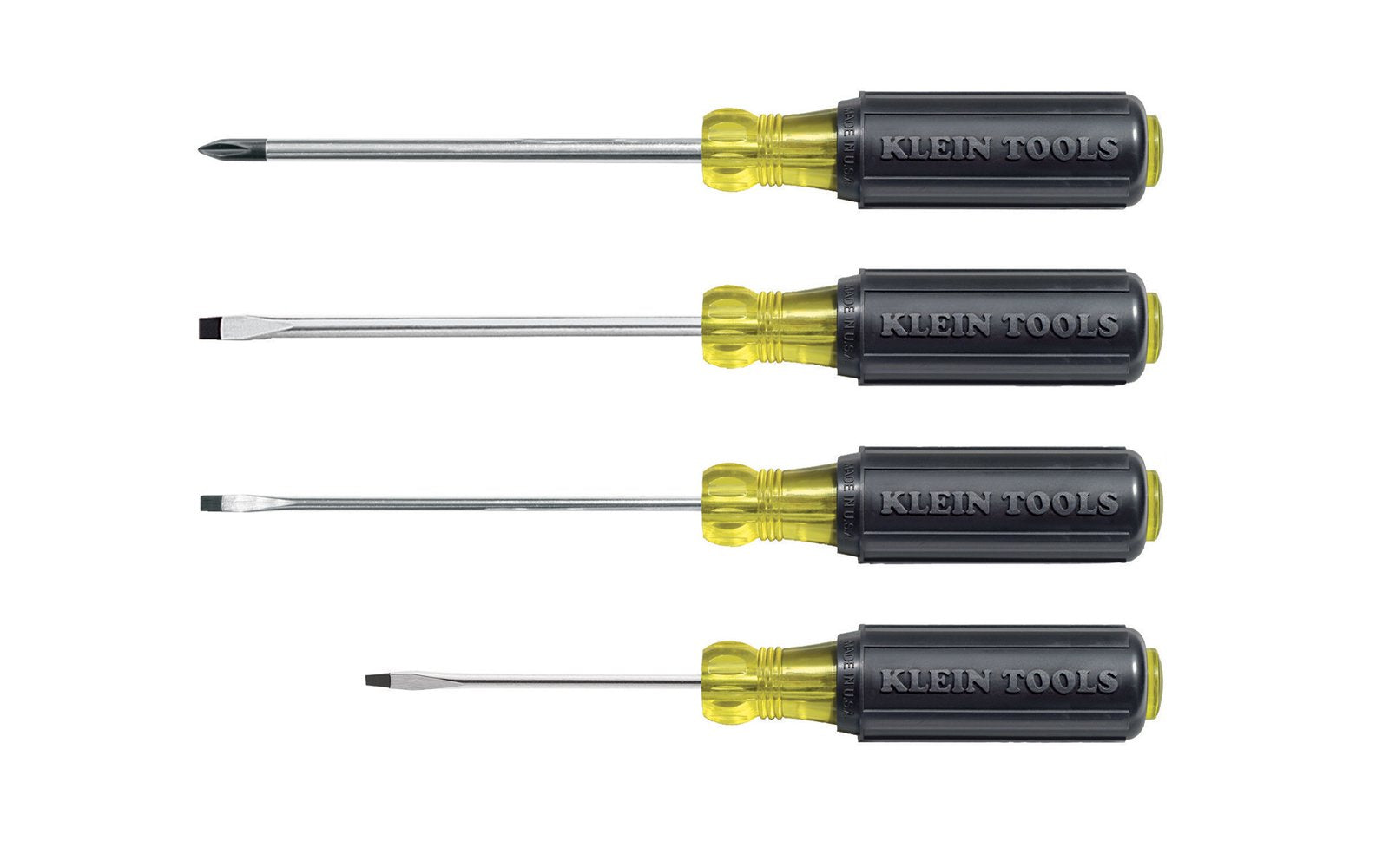 Klein Tools Model 85484 - 4-piece screwdriver set ~ Four piece screwdriver set ~ No. 1 Phillips - 3" long blade - 1/16" Slotted - 2" long blade - 3/32" Slotted - 3" long blade - 1/8" Slotted - 3" long blade - Mini Cushion-Grip handles - Chrome-plated shafts for corrosion resistance - 092644854842 - Precision Tip - Klein Tools Four Piece Set - Made in USA