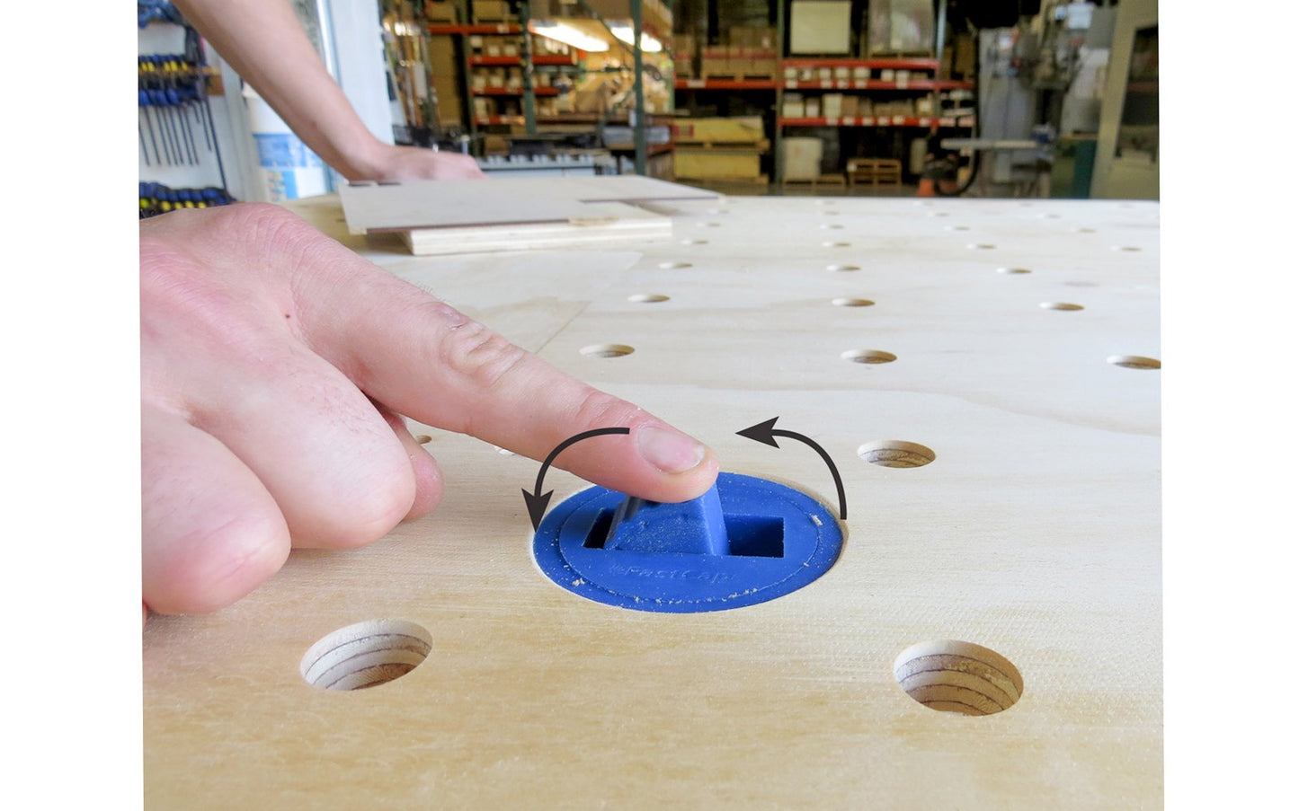 Gives great functionality to your workbench when dogs are needed - 2-1/2" diameter - Model BLUE DOG SINGLE - use a 2-1/2" hole saw to drill out a hole, sand the top edge, & press the Blue Dog down into the hole until flush - height adjustment for any material thickness & the turntable feature allows flexibility - 663807025005