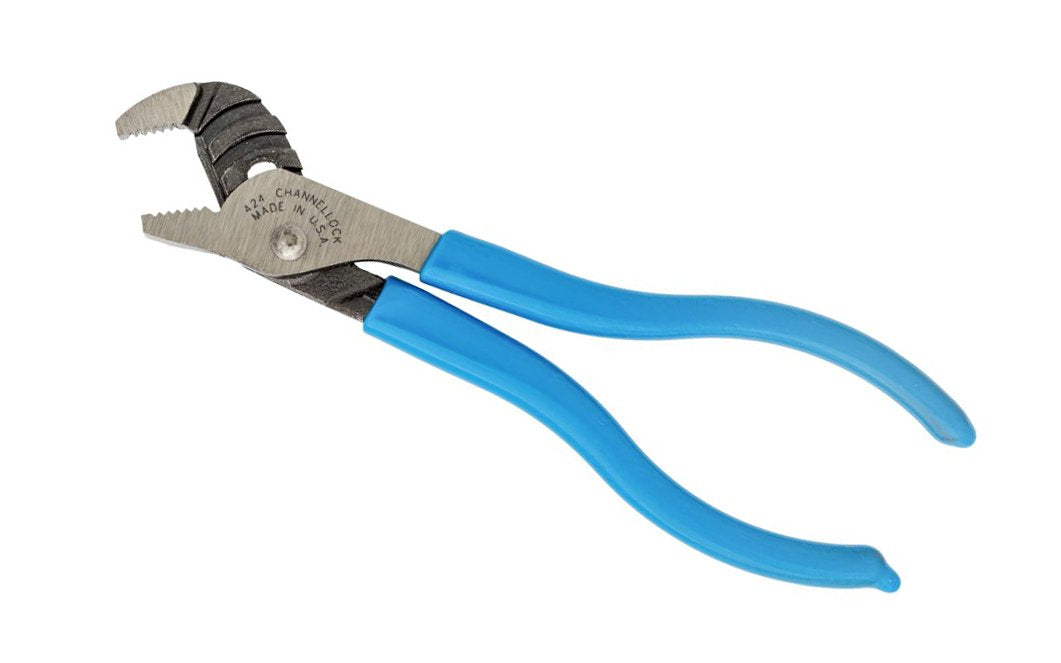 Made in the USA - Model 424 - Right angle, laser heat-treated teeth grip better & last longer - PermaLock fastener eliminates nut & bolt failure - Undercut tongue & groove won't slip - Professional-grade mini plier - Tongue & Groove - Vinyl comfort grip - 025582301079 - Mini Channellocks - Mini Plier - Channellock 424 - Auto - Home - Mechanical - Channellock 4-1/2" Mini Tongue & Groove Plier - 424