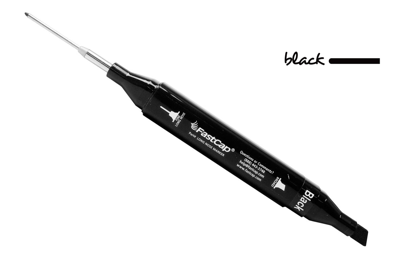 FastCap Long Nose Marker ~ Black Color ~ 1-1/8" long fine point tip for marking ~ Black marker has a fine point tip for marking inside holes & along walls. The other end has a wide tip for general use. Model Fasctcap LONG NOSE MARKER ~ 663807805539