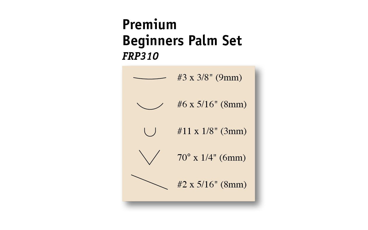 Flexcut Premium Beginners Palm Carving Set ~ FRP310 - 5-piece set - Includes Sweep #3 x 3/8" (9 mm), Sweep #6 x 5/16" (8 mm), Gouge #11 x 1/8" (3 mm), Parting V-Tool 70° x 1/4" (6mm), Skew #2 x 5/16" (8mm) - High Carbon Steel blades - Cherry wood handles & polished brass ferrules - Palm Carving Tool Set - Made in USA