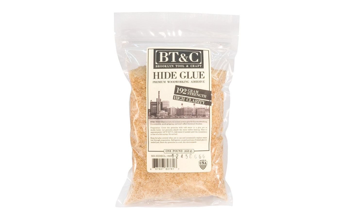 Hide Glue ~ 192 Gram Strength - High Clarity - 1 lb Bag - MS-HIDEGL.192HC-1 ~ good general purpose hide glue & is commonly used in veneer work ~ Made in USA ~ Dry granules  -  1 lb bag   (453 g) - Resealable bag - 100% natural hide glue