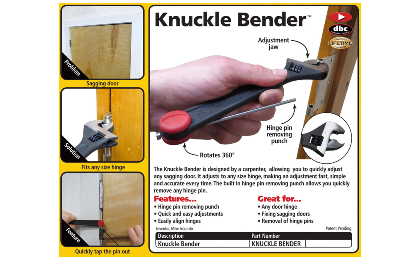 FastCap Knuckle Bender - Allows you to quickly adjust any sagging door - Specialty adjustment jaw - Hinge pin remover on tool