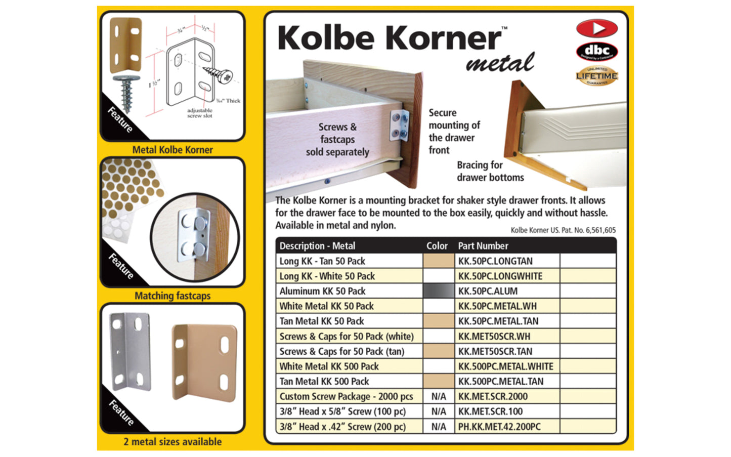 Fastcap Long Metal Kolbe Korner, White - 50 Pack - Mounting bracket for shaker style drawer fronts. It allows for the drawer face to be mounted to the box easily, quickly & without hassle - Model No. KK.50PC.LONGWHITE