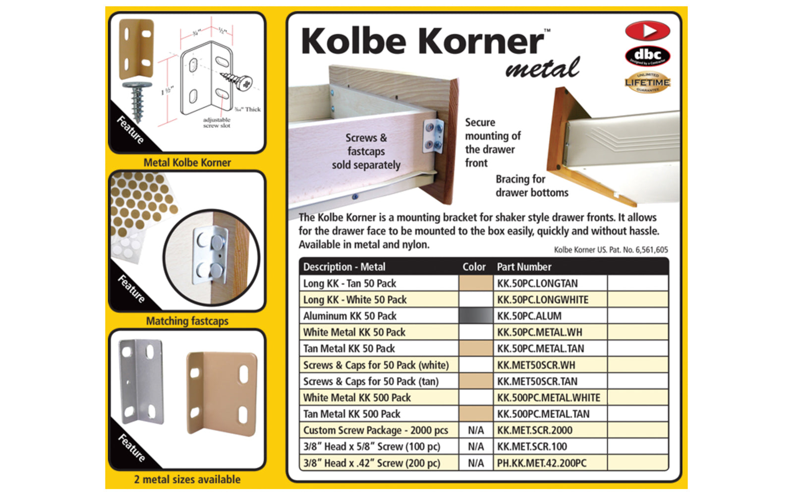 Fastcap Long Metal Kolbe Korner, White - 50 Pack - Mounting bracket for shaker style drawer fronts. It allows for the drawer face to be mounted to the box easily, quickly & without hassle - Model No. KK.50PC.LONGWHITE